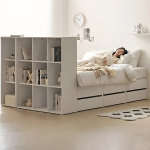 파티션 침대 2단 서랍 침대프레임 수납 책장 베드 Q(퀸), 화이트