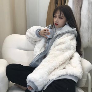 여성 가을 ​​겨울용 스플라이싱 양털 모조 렉스 토끼 플러시 모피 후드 탑