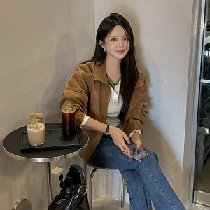 스웨이드 루즈핏 스트링 집업 점퍼 숏 블루종 자켓