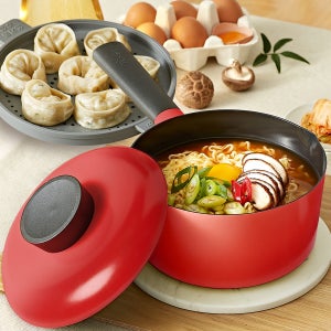 네오플램 라믈리에 인덕션 라면냄비 찜기포함 18cm, 레드