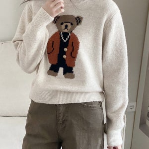 여자 램스울 베어 모티브 자가드 라운드 니트 큐티 곰돌이 스웨터