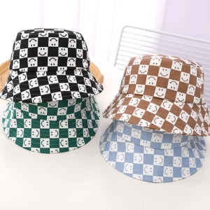 유아 아동 네모체크 스마일 벙거지 모자 자외선차단 버킷햇 햇빛가리개 산책
