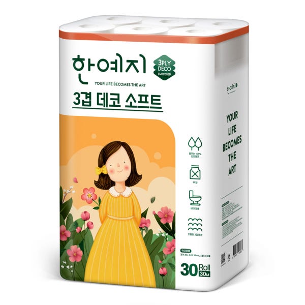 한예지 3겹 데코 소프트 무형광 천연펄프 화장지