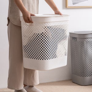 구디푸디 뚜껑있는 메쉬 라탄 보관함 대용량 세탁 빨래바구니 화이트/특대형, 60L