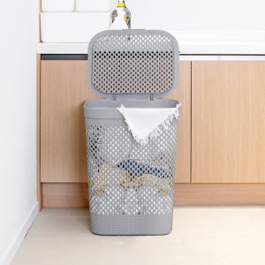 구디푸디 뚜껑있는 메쉬 라탄 보관함 대용량 세탁 빨래바구니 그레이, 60L