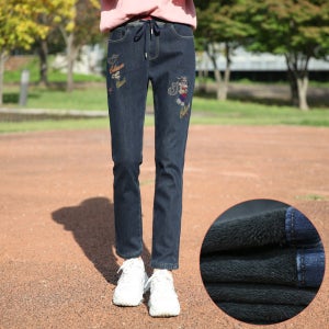 동대문스타일 여자 겨울청바지 캐릭터자수 밴딩 스판 일자 본딩청바지 HK381(기모)