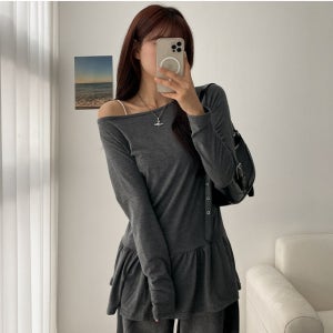 스판 루즈핏 프릴 레이어드 보트넥 윈오프숄더 긴소매티셔츠 긴팔 이너티 10color