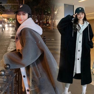 1/1+1 페이크 레이어링 캐시미어 후드 코트 겨울 여성 롱코트 빅사이즈 자켓