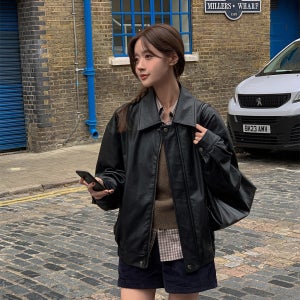 박시한 가죽자켓 카라 집업 오버핏 봄 여성 레더 스웨이드 재킷 블랙 브라운 77 88