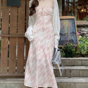 카밀라쇼룸 여리여리 잔꽃 무늬 뷔스티에 셔링 레이스 롱 청순 가득 원피스