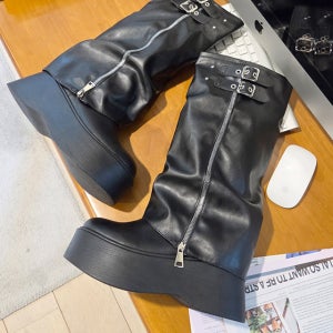 투벨트 워머 셔링 지퍼 통굽 키높이 미들 부츠 5cm
