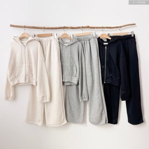 뉴온 기모 후드집업 밴딩 와이드팬츠 세트 3col 가을 겨울 트레이닝 크롭 제이플로우