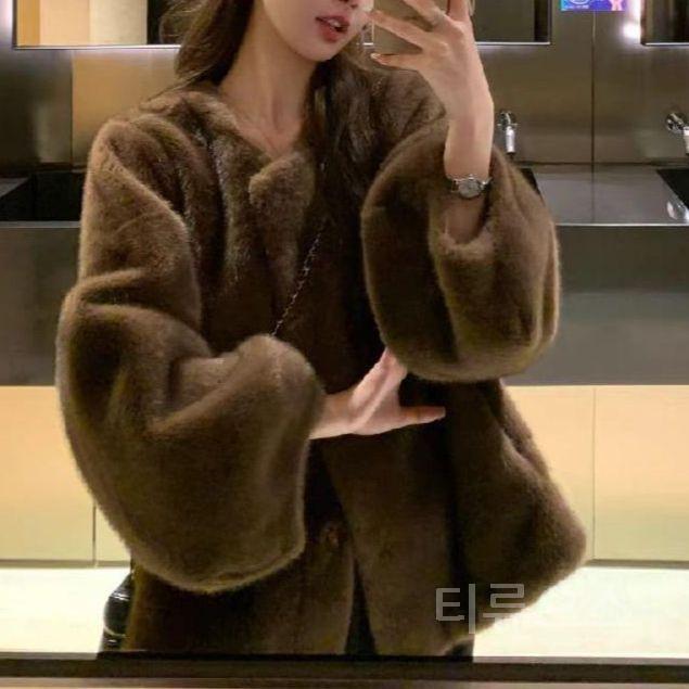 티류으스 여성 짧은 기장 인조 밍크 퍼 코트 가벼운 안감 모피 자켓 WX 갈색 S