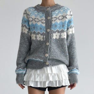 로라벨 여성 노르딕가디건 배색 울 겨울 가디건 루즈핏 오버핏 레이어드