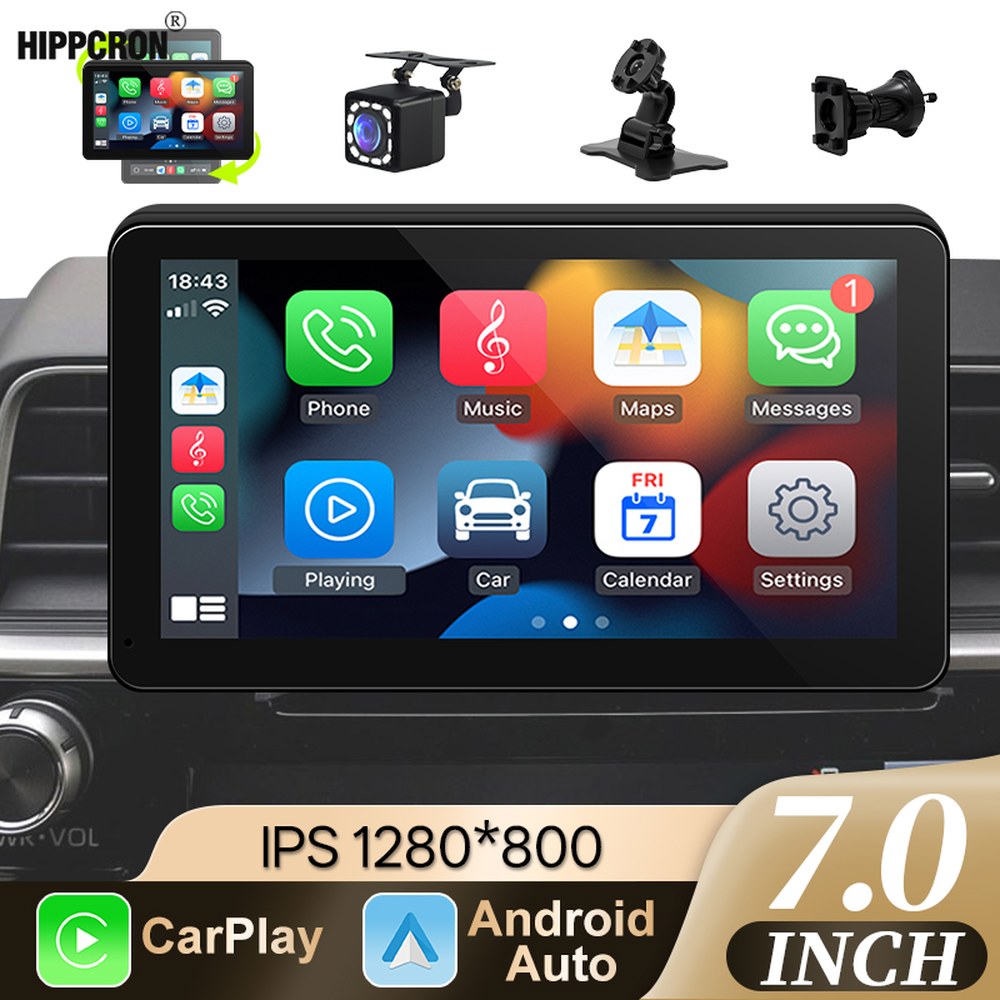 7인치안드로이드오토 Hippcron 휴대용 회전식 자동차 화면 무선 Carplay 안드로이드 자동 WIFI 미러 링크 후면 카메라 AUX 스테레오 유니버설