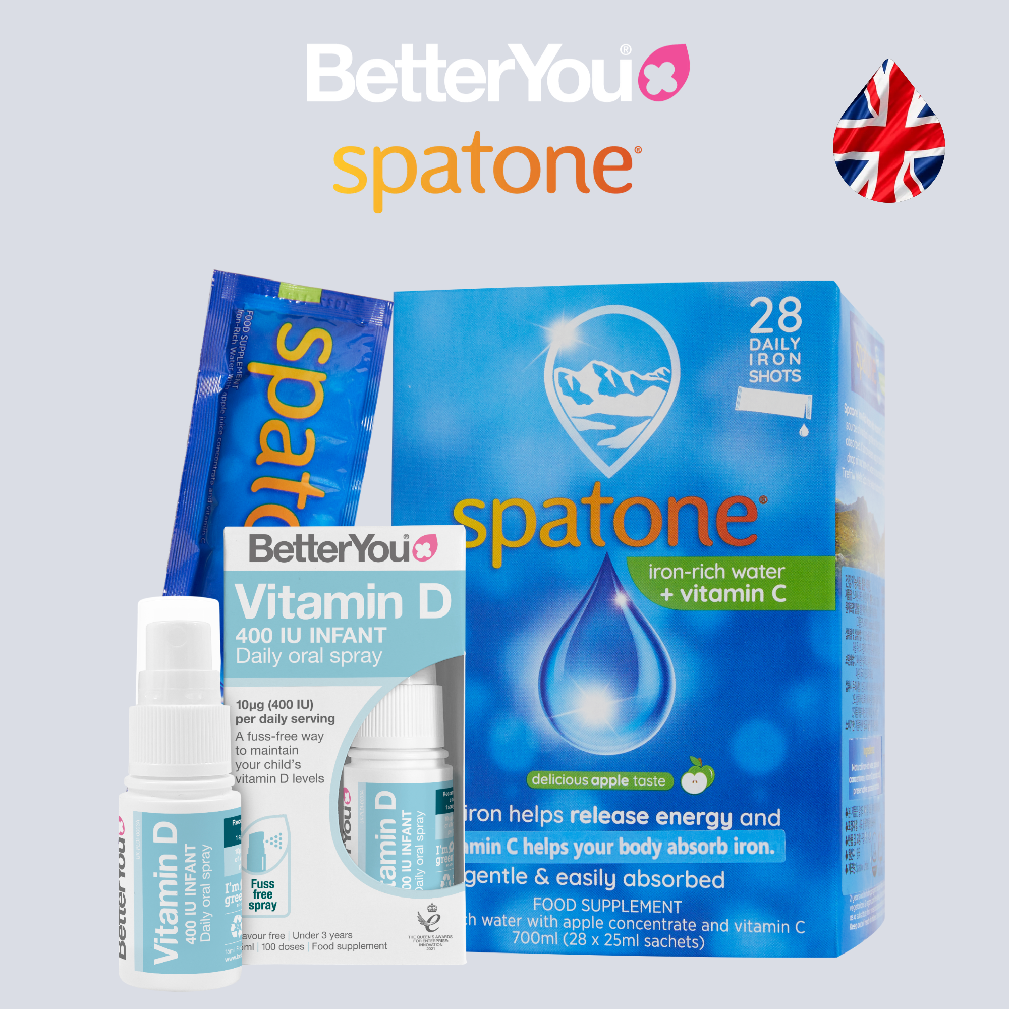 [자녀성장 패키지] 베러유 <b>비타민</b>D <b>인펀트</b> 스프레이 + 스파톤 애플 28일팩 액상철분제