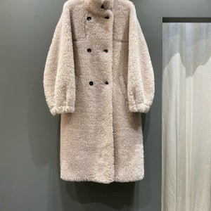 울 양모 100 하이넥 더블 버튼 소매 벌룬 부클 뽀글이 루즈핏 롱 코트