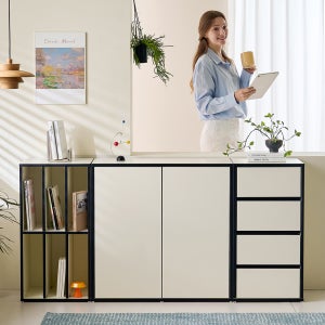 컴포네레 모듈형 거실장 슬림 오픈 수납장 400 세로, 6단, 크림화이트/크림화이트