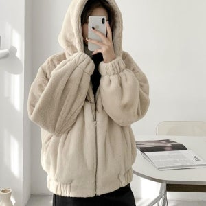 보아 후드 퍼 집업 여성 오버핏 양털 후드 후리스 가을 겨울 점퍼