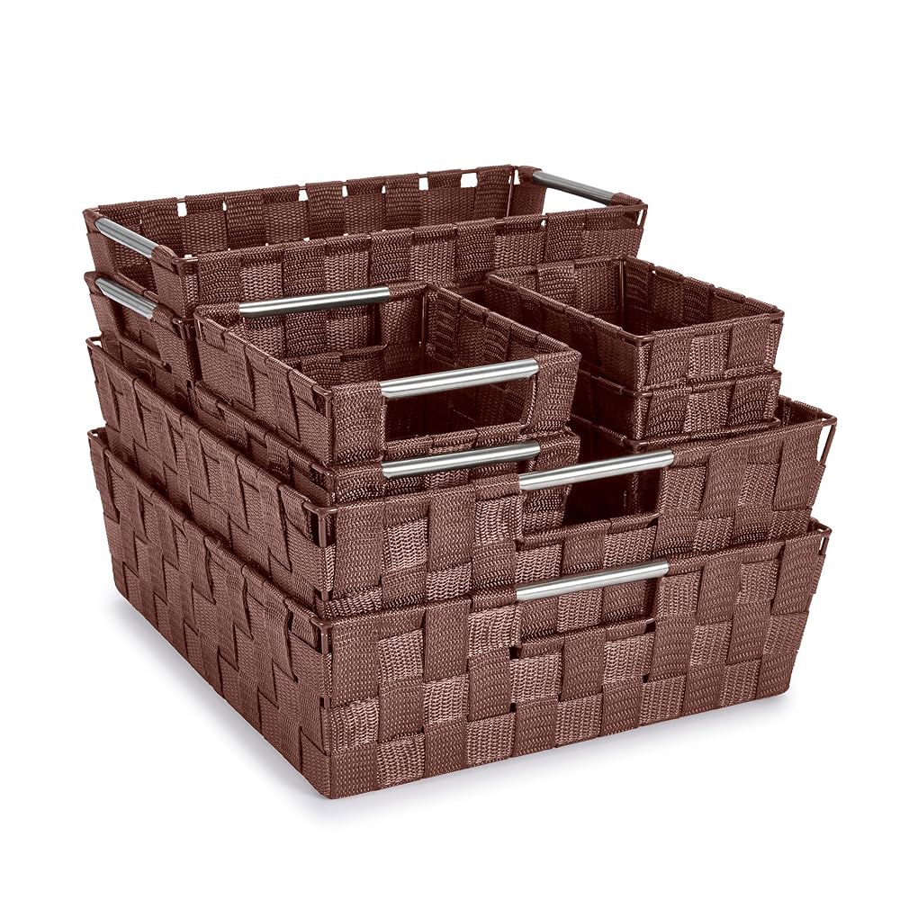 <b>소버스</b> 9개 직조 보관 바구니 세트 - 정리용 메쉬 손 바구니, 린넨 옷장 정리함용 패브릭 보관함, 선반용 홈 정리 및 장식(초콜릿) Set of 3 Black