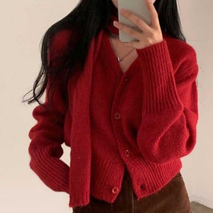 브이넥 니트 가디건 스카프 세트 TD-1004423