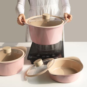 IH 곰솥 인덕션 28cm 예쁜 라면 코팅 유리 세트 도자기 인용 큰 통주물 핑크 용