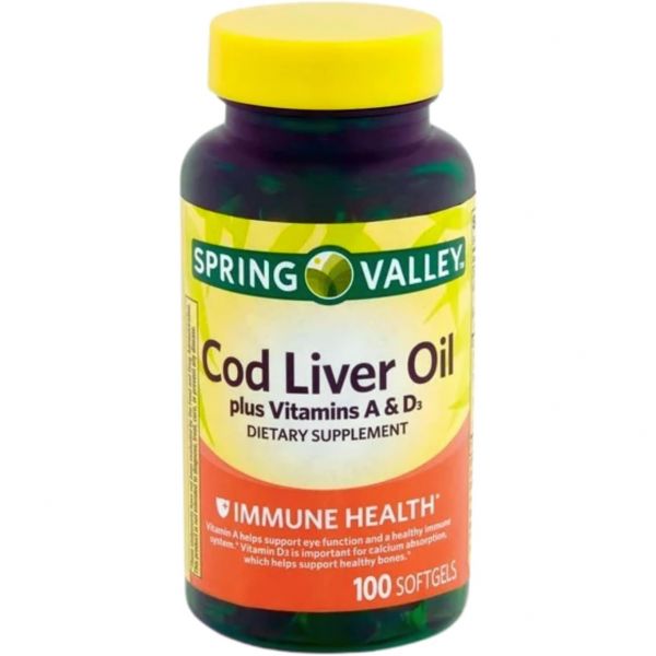 피쉬오일 오메가3 피부 <b>스프링 밸리</b> 비타민 A &amp; D 100 소프트젤이 함유된 대구 오일