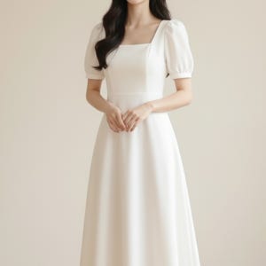 화이트 소매 퍼프 스퀘어넥 스판 롱 원피스