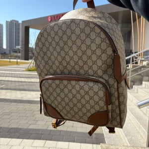 (동부산아울렛/ 백화점 AS가능) 구찌 GG 엠블럼 미디움 백팩 베이지 다크 브라운 821159 FAED3 9786