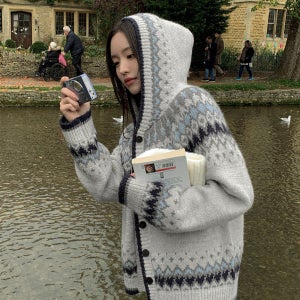 아방한 울 후드 노르딕가디건 루즈핏 가을 겨울 여자 니트 가디건 빅사이즈 그레이 네이비