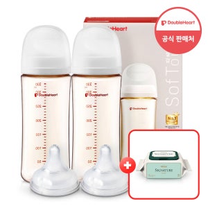 더블하트 모유실감 제뉴인화이트 트윈팩 330ml 젖병 2개+젖꼭지 2개(+물티슈 20매)