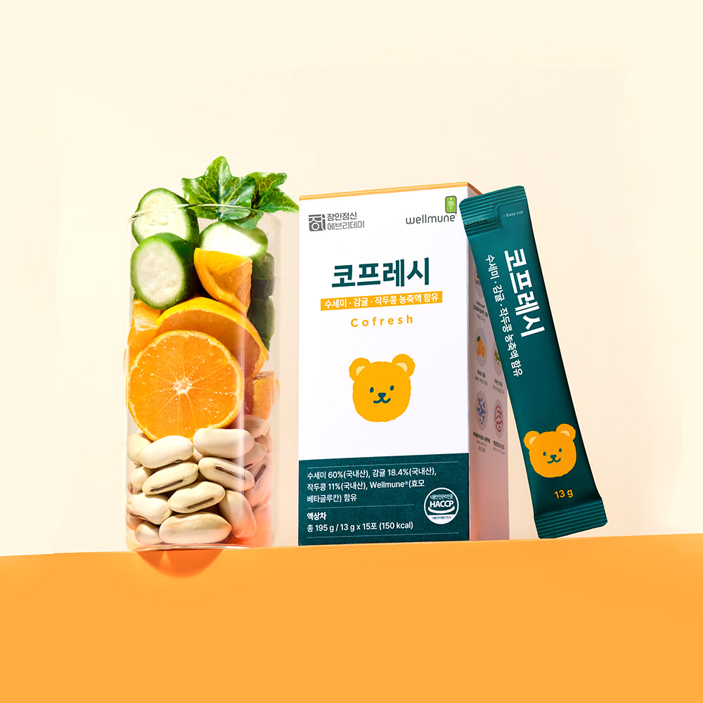 국내산 100% 수세미즙 작두콩즙 환절기 어린이 <b>베타</b>글루칸 웰뮨 코프레시 15포, 1개
