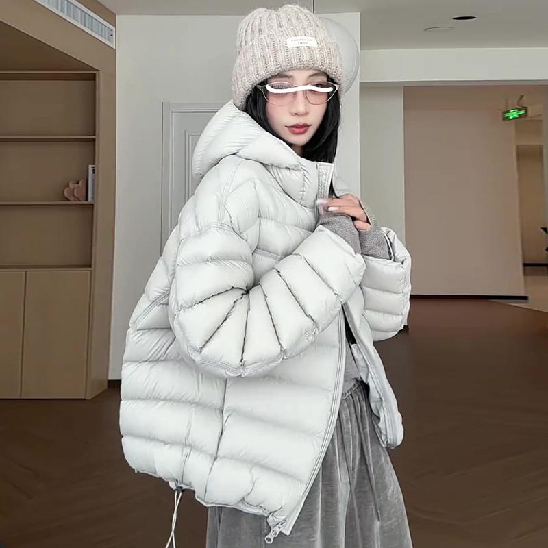 여성 숏패딩 오버핏 후드 방한 다운 후드경량 아우터 그레이화이트 M