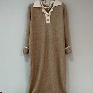 배색 카라 포인트 니트 롱원피스 2컬러