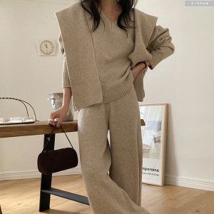 드무어 케이프 브이넥 니트 밴딩 팬츠 세트 3col 가을 겨울 루즈핏 울 셋업 제이플로우