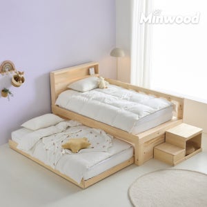 미엔우드가구 SE0 편백나무 2단 슬라이딩 통 원목 침대 프레임 평상형 싱글+싱글