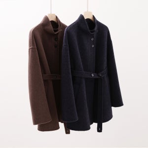 울 100% 핸드메이드 하프코트 모자 세트 하이넥 코트 3way