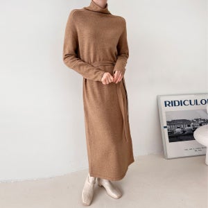 봄 겨울 무지 심플룩 50대 미시 엄마옷 허리 끈 터틀넥 목폴라 니트 롱 원피스