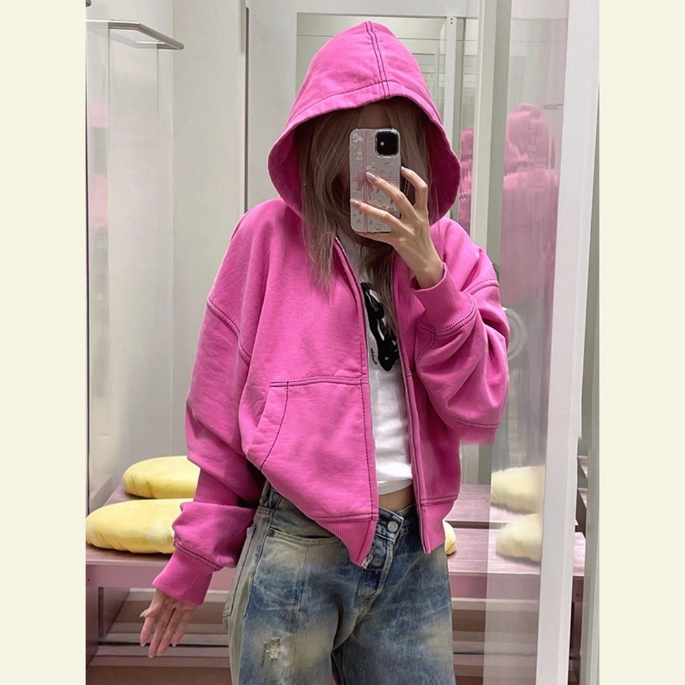 핑크 여성용 캐주얼 루즈한오버핏 봄가을겨울 집업 후드티셔츠