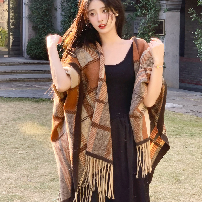 빈티지 체크 케이프 가디건 판초 망토 어깨 담요 넥워머 가을 봄 겨울 간절기 패션