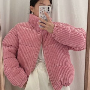 골덴 여성 코듀로이 숏 패딩 웰론 여성 하이넥 숏 패딩