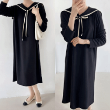 (~2XL) <b>피메스</b> 세일러 숄 레이어드 무지 데일리 빅사이즈 긴팔 롱원피스