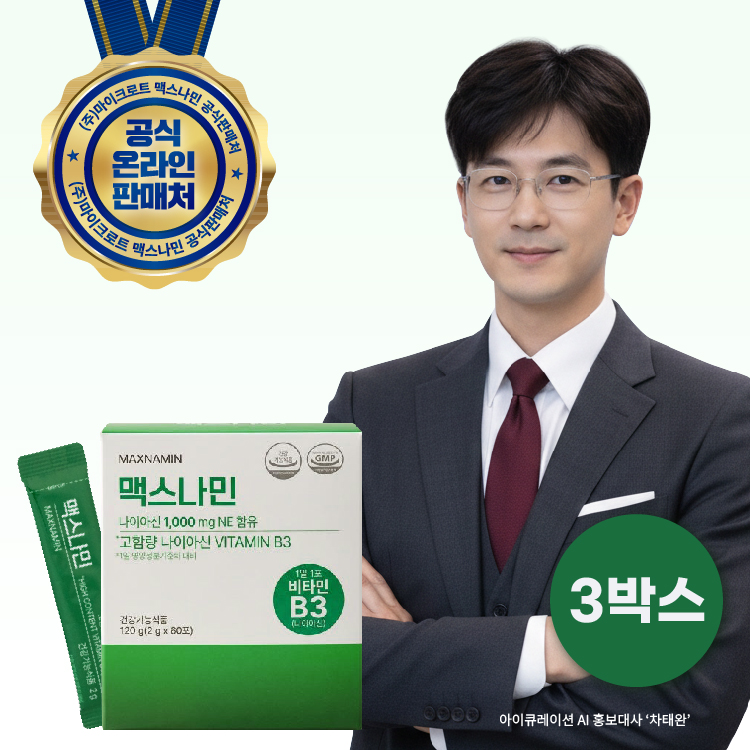 맥스나민(MaxNAMIN) 고용량 <b>비타민 B3</b> 1,000g 니코틴산아미드 60포, 3개