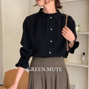 에보 반목 핀턱주름 하객룩 퍼프 진주버튼 실키 블라우스 봄 가을 겨울 그린뮤트 흰색 블랙