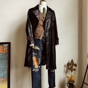 CIDU 제도 클래식 카우하이드 소가죽 미디 트렌치코트 블랙