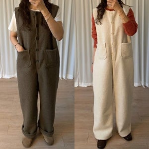 테디베어 양털 부클 뽀글이 오버롤 겨울 멜빵바지 점프수트(크림 카키브라운 블랙)