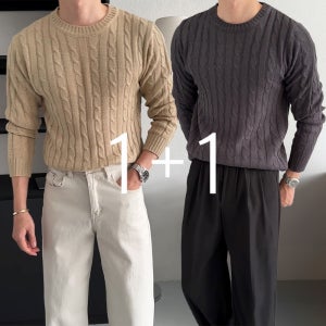 1+1 남자 겨울 꽈배기 라운드 따뜻한 부드러운 터치감 데일리 캐주얼 베이직 니트 스웨터