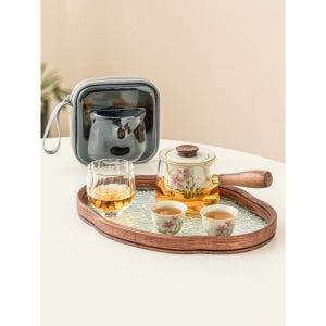 리이브스가르텐 초목회유 휴대용 다도세트 여행용 데이지 유리 트레이 도자기 찻잔 공도배 다관 핸드메이드 다도세트(여행파우치)