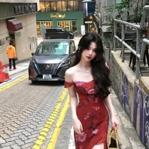 플러스사이즈 롱원피스 빈티지 복고풍 오프숄더 사이드 슬릿 레드 플라워 드레스