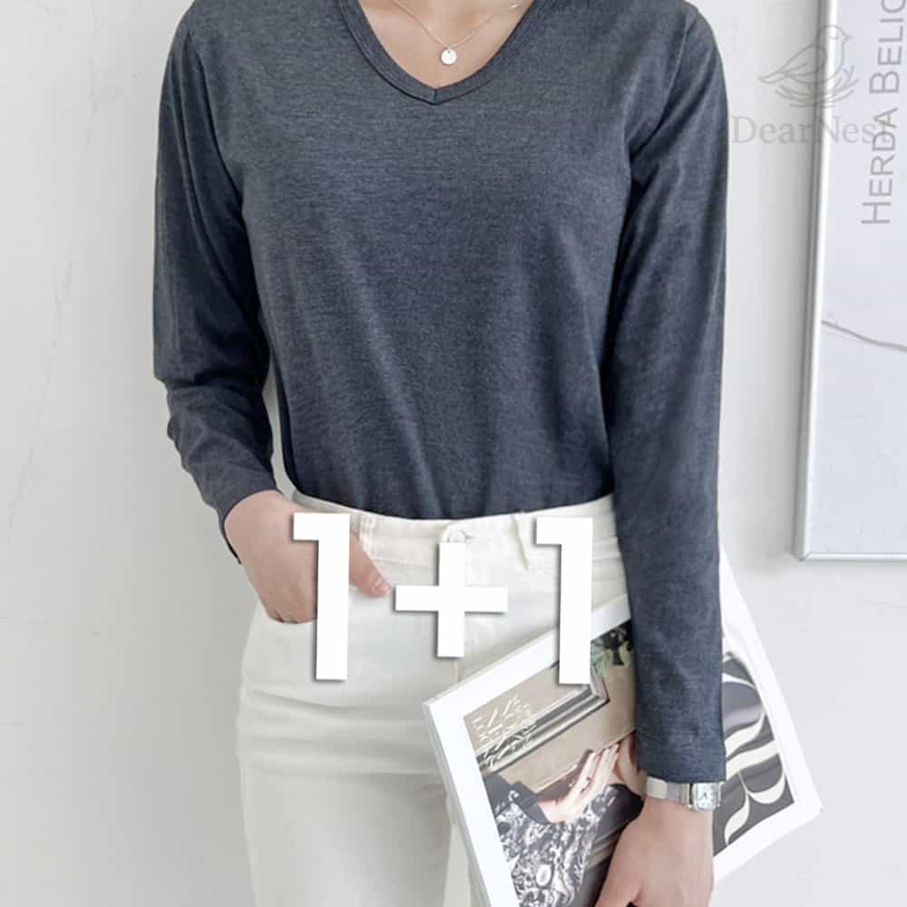 여자 브이 긴팔 면티2장 맨투맨 데일리 무지 기본<b>티 스탠다드</b>